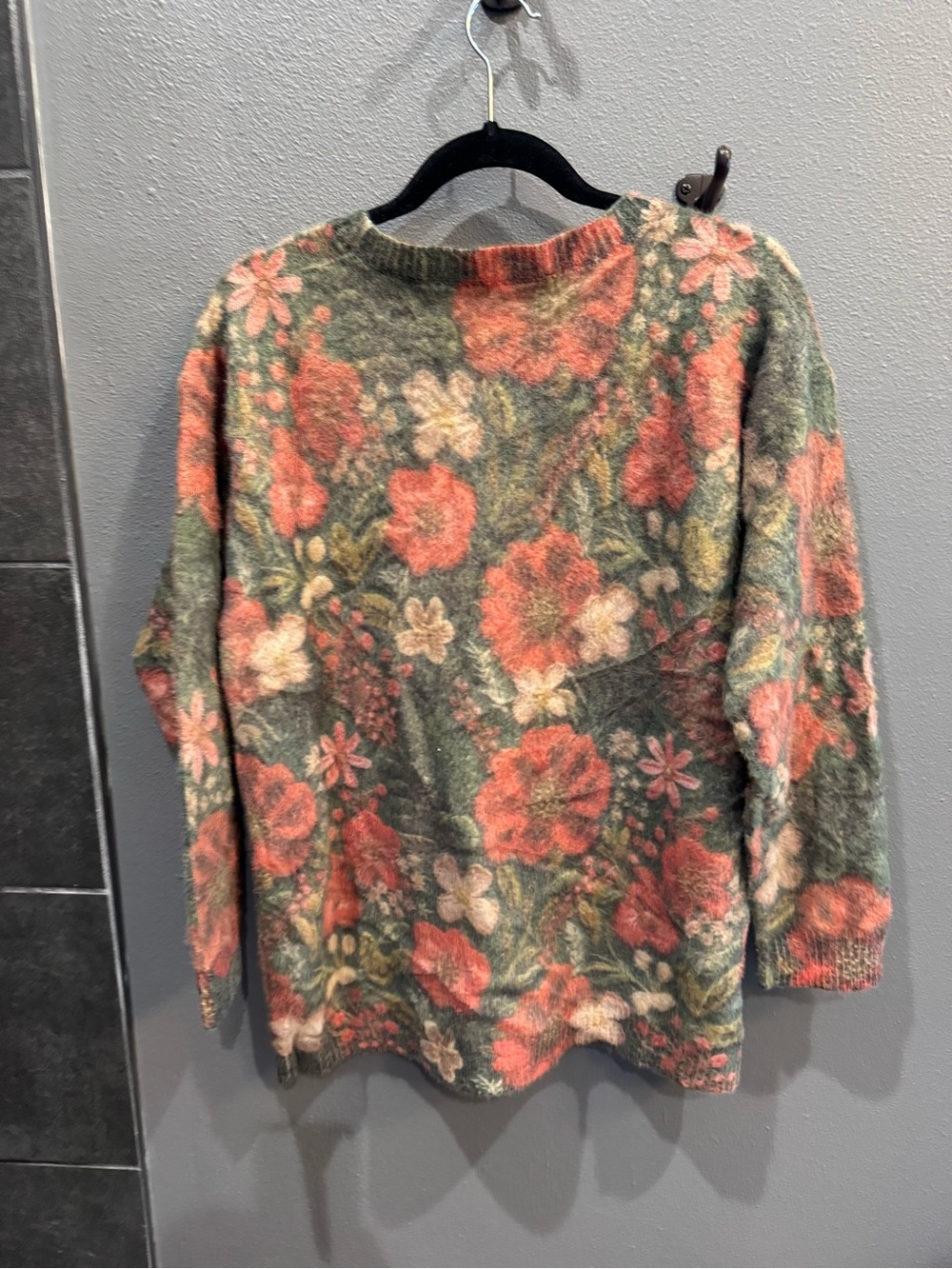 Floral Crewneck Sweater in Green and Coral - Picture 2 of 3